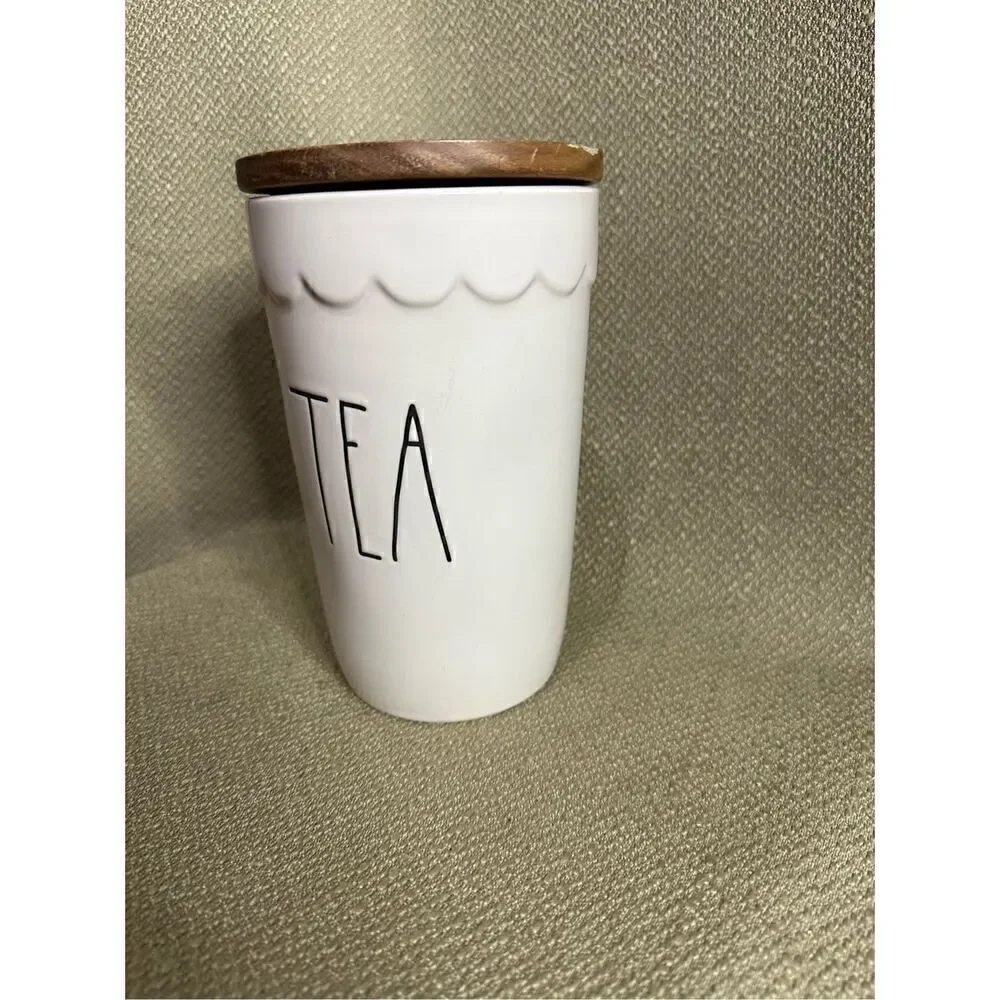 Rae Dunn TEA Cellar Canister Storage Ivory Brown Wood Lid Farmhouse 7” X 4”